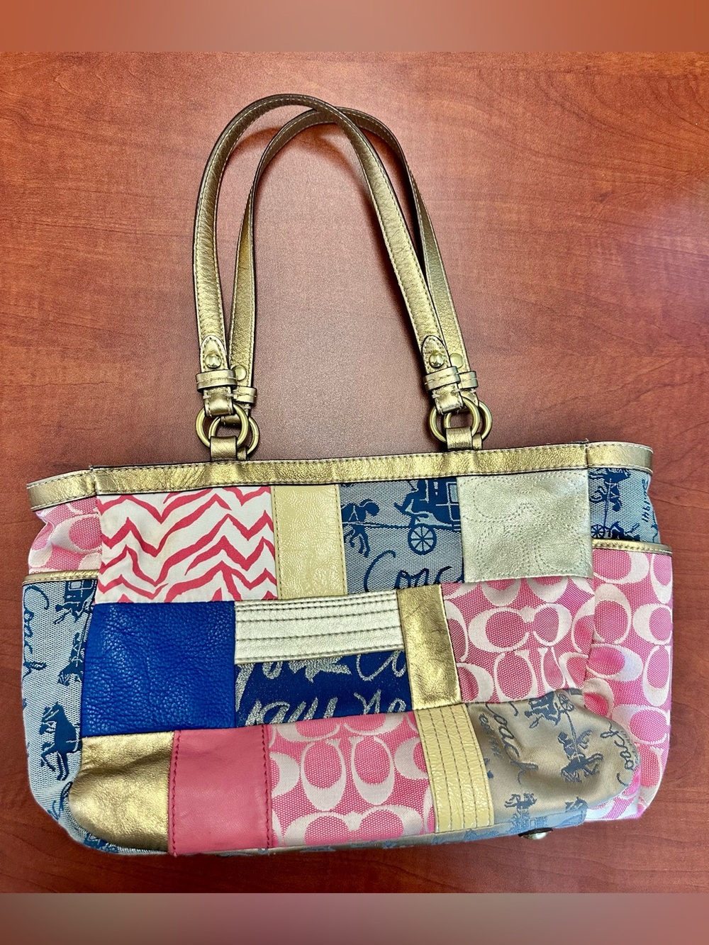 COACH Patchwork Satchel Multicolor Gold Y2K Leather Fabric - Picture 1 of 8